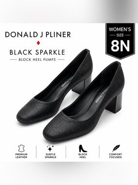 Donald J Pliner Black Sparkle Leather Block Heel Pumps Women’s Size 8N Narrow